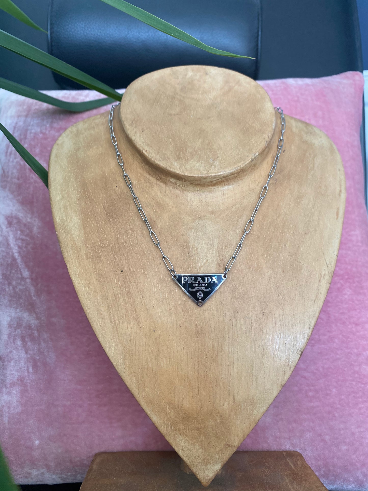 Authentic PRADA triangle plaque pendant reworked necklace