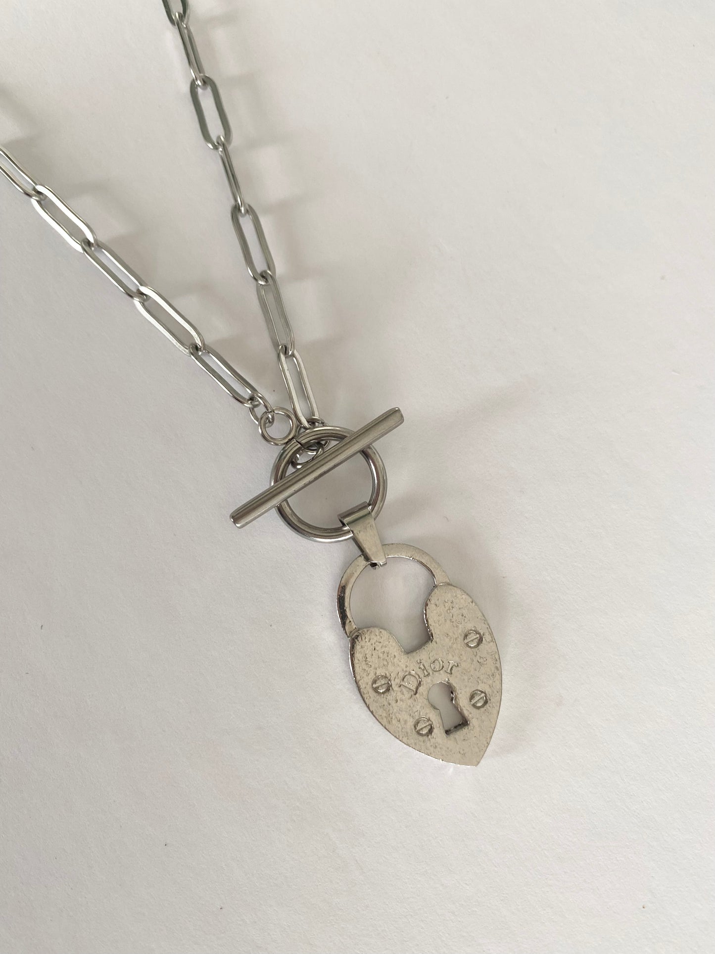 Authentic preloved vintage recycled repurposed reworked unique designer necklace jewellery anti-tarnish Christian DIOR silver non tarnish padlock