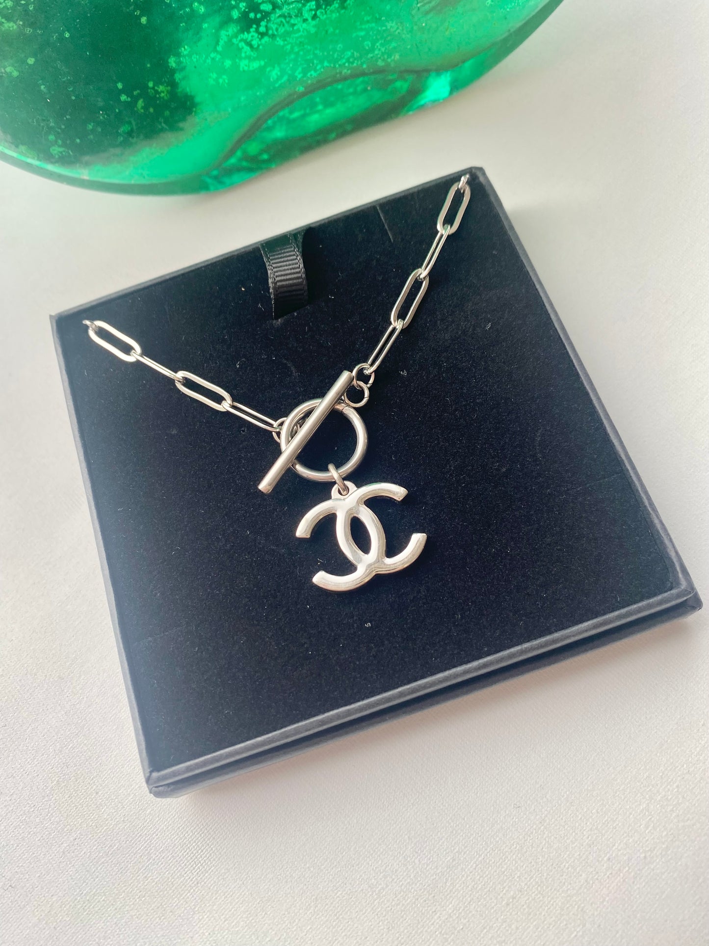 Authentic CHANEL vintage silver CC pendant reworked necklace