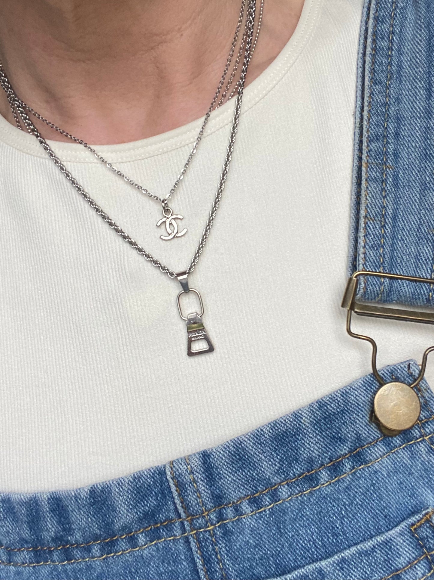 Authentic CHANEL vintage silver CC pendant reworked necklace