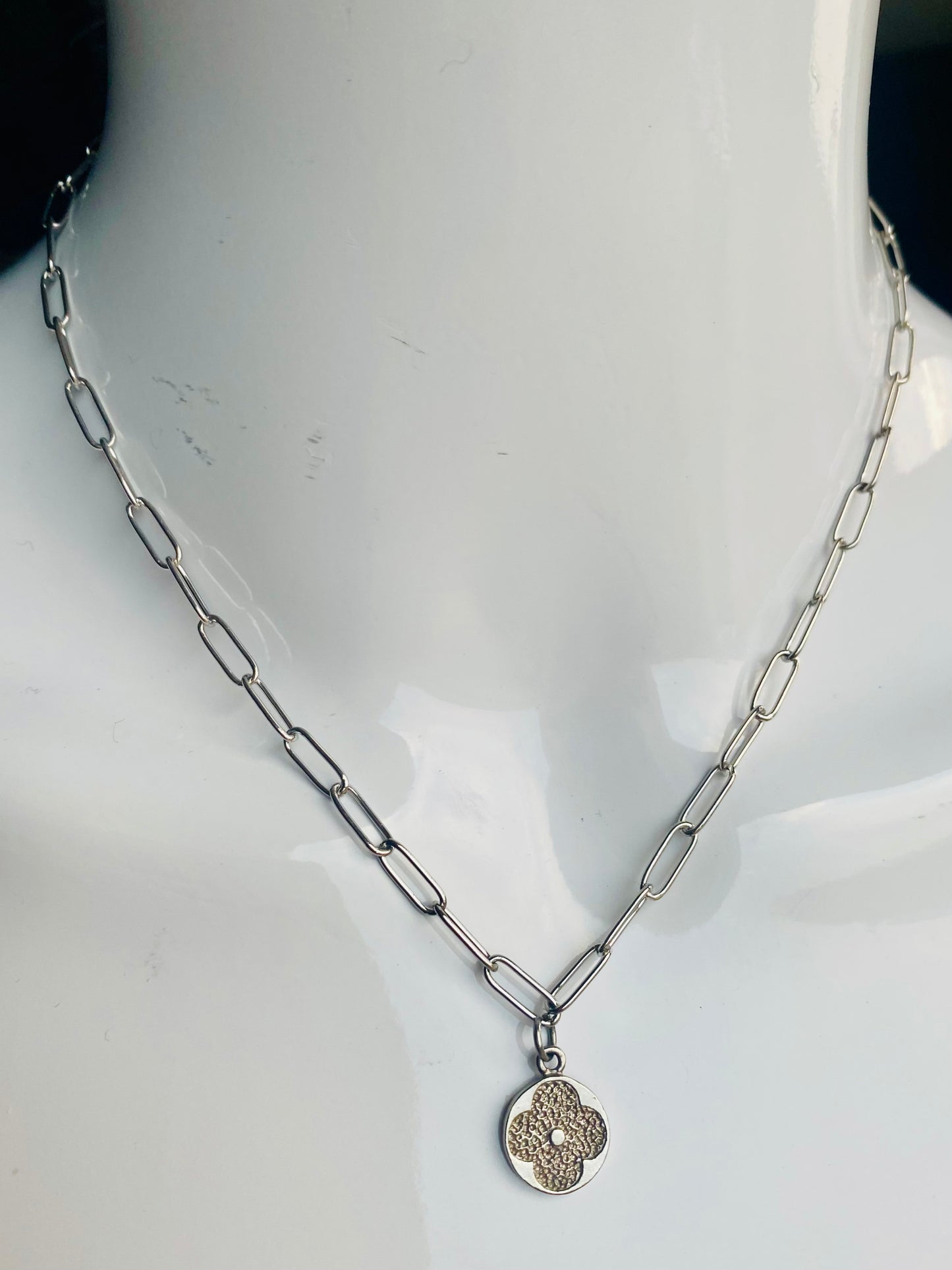 Authentic LOUIS VUITTON vintage silver flower reworked necklace